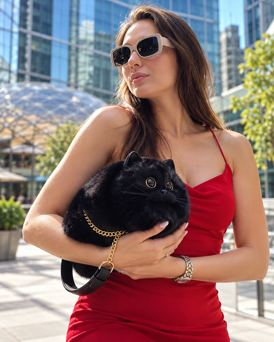 Black realistic cat-shaped plush handbag worn with a contemporary outfit
