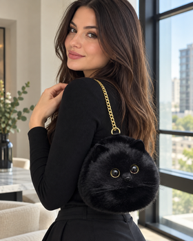 Black plush cat handbag styled in a casual fashion portrait