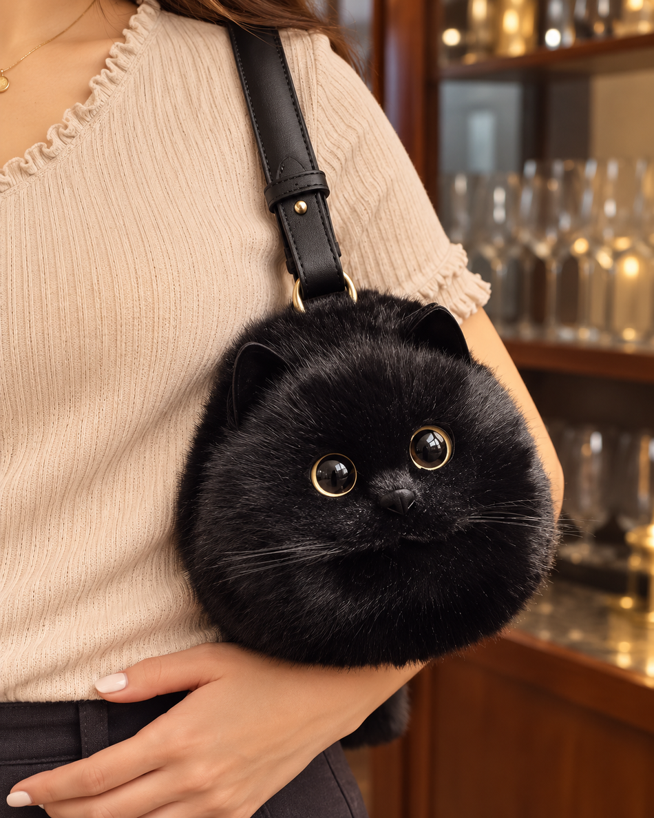 Cat-shaped faux-fur handbag fashion lifestyle photograph