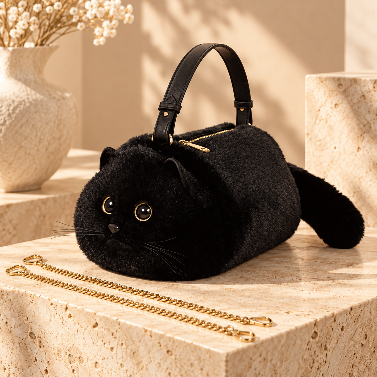 Cute cat-shaped handbag worn with a soft neutral outfit