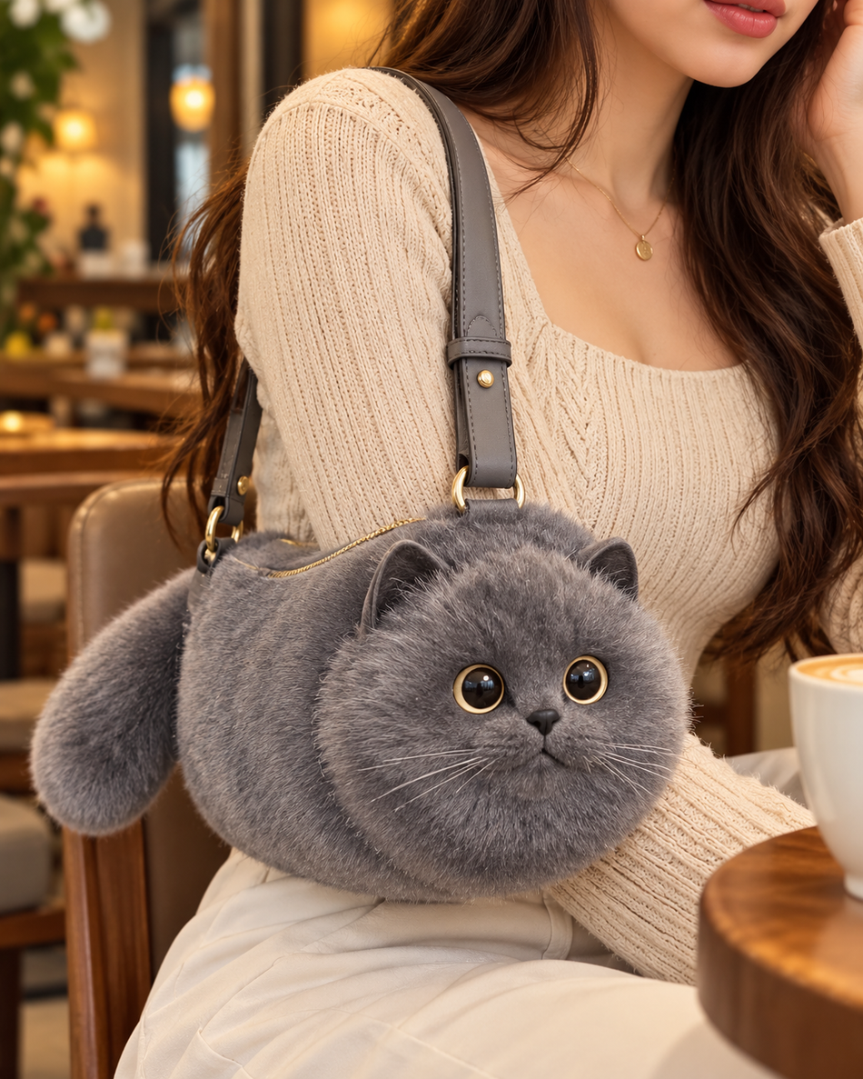 Grey plush cat-shaped shoulder bag styled with a neutral knit outfit