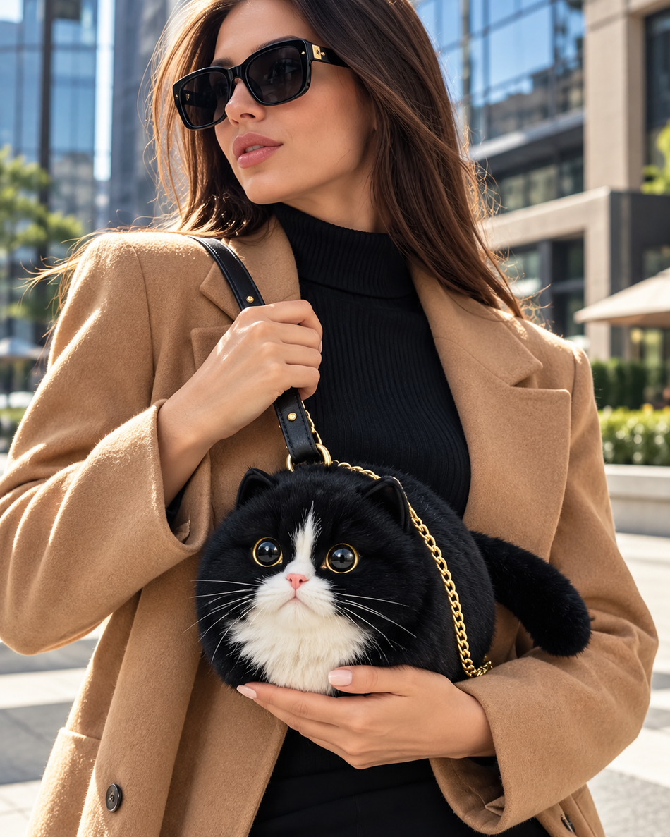 Tuxedo black-and-white realistic cat-shaped handbag carried with a tailored outfit
